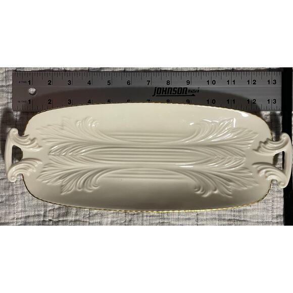 Lenox - Vintage Ceramic Serving Dish - Embossed Leaf Motif - 13.5"-Gold Trim-EUC - Picture 2 of 5